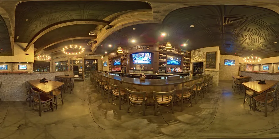 A full 360 degree panorama of The Oak Stave bar shown unwrapped as a flat rectangular image, with the ceiling curving across the top